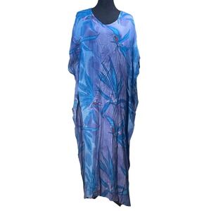 Original Anthony Missy Blue Purple Tropical Floral Rayon Kaftan Maxi Dress India